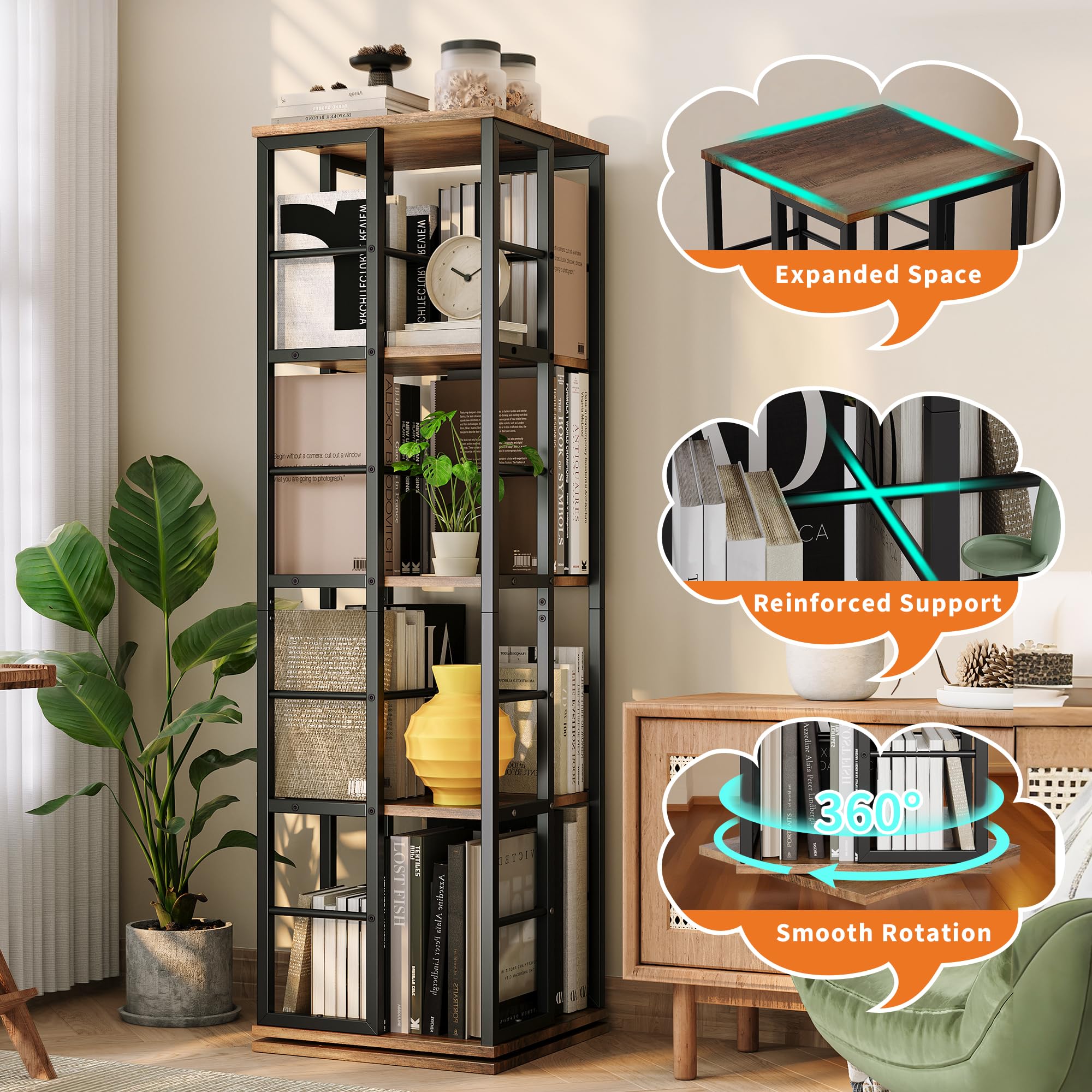Garvee 4-Tier Rotating Bookshelf for Small Spaces, 360° Spinning Bookcase with Corner Design, Wood Revolving Storage Organizer & Display Shelf for Living Room, Bedroom, Home Office (Brown) - Image 4
