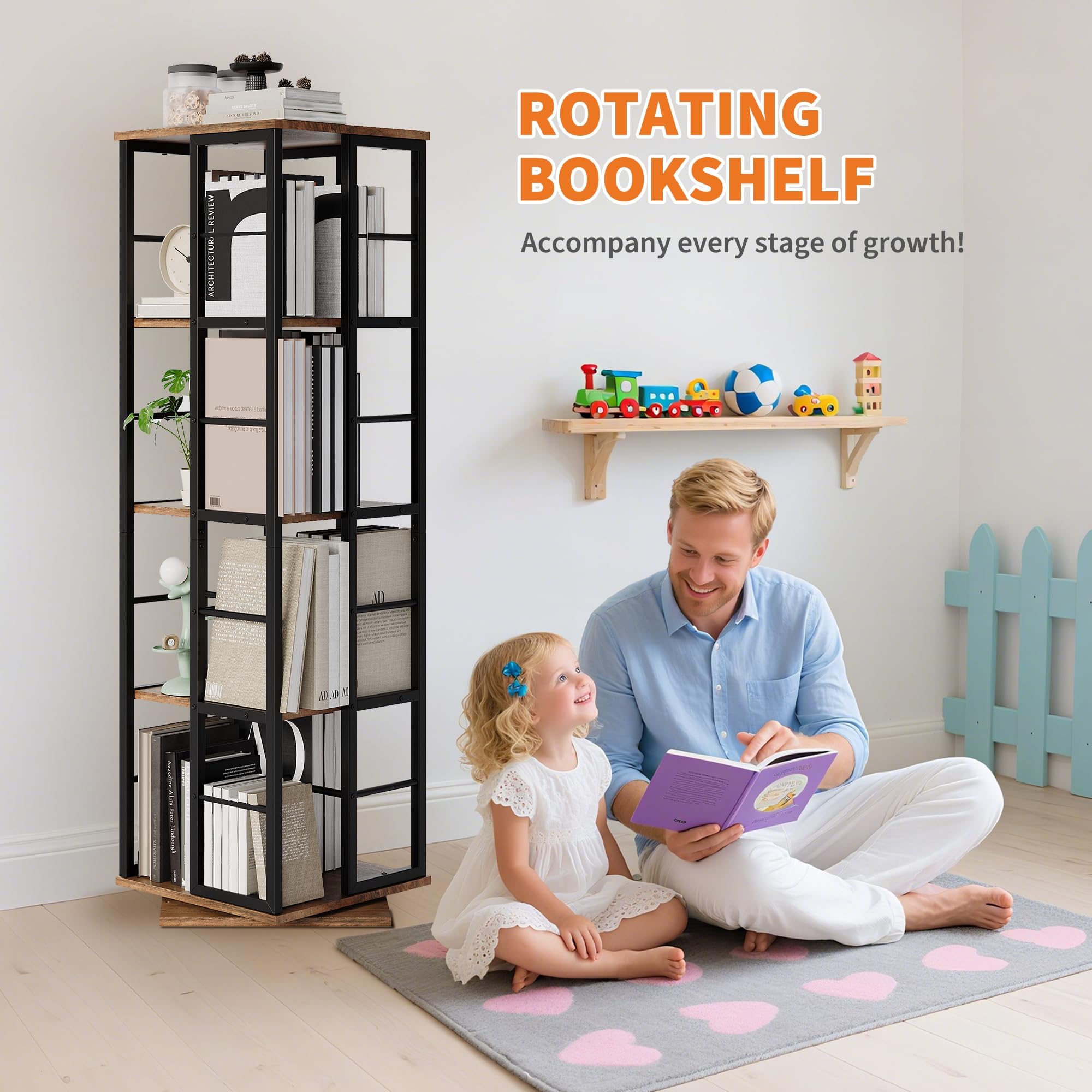 Garvee 4-Tier Rotating Bookshelf for Small Spaces, 360° Spinning Bookcase with Corner Design, Wood Revolving Storage Organizer & Display Shelf for Living Room, Bedroom, Home Office (Brown) - Image 5