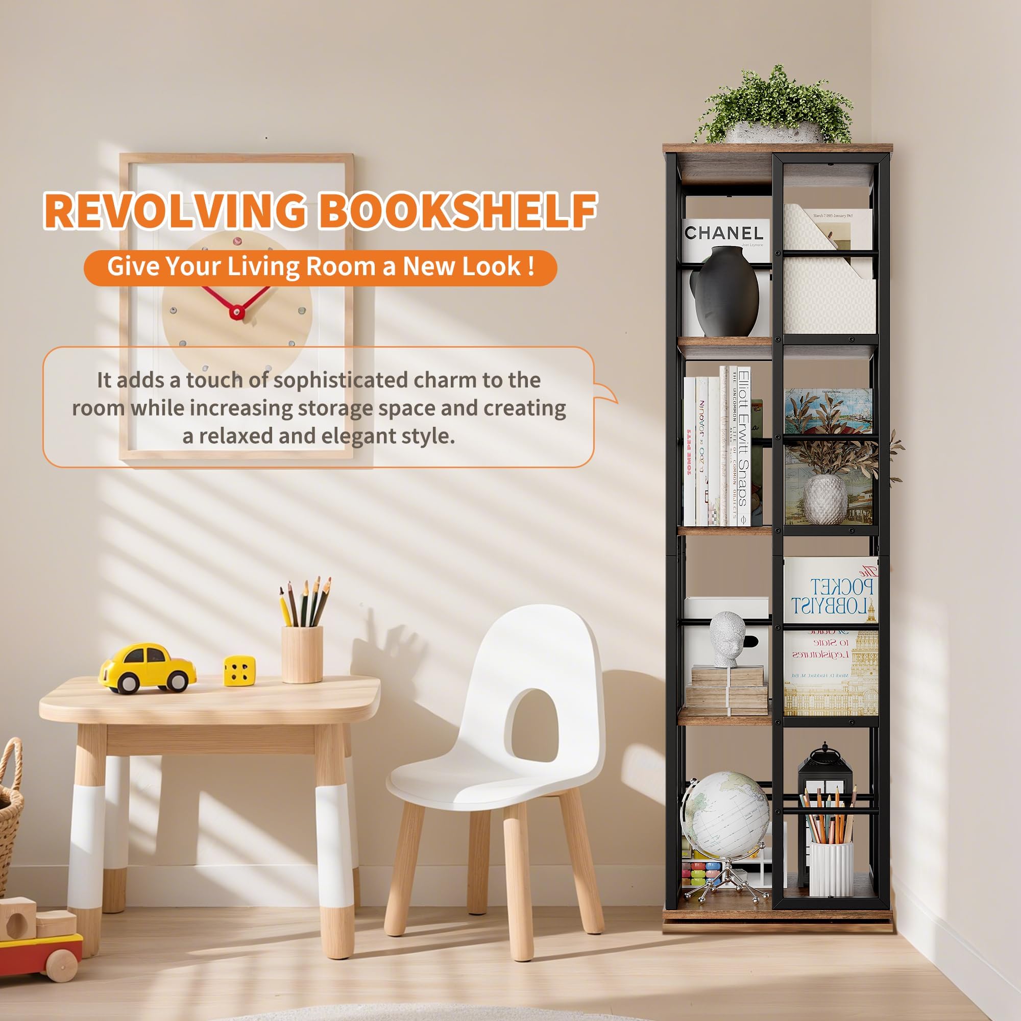 Garvee 4-Tier Rotating Bookshelf for Small Spaces, 360° Spinning Bookcase with Corner Design, Wood Revolving Storage Organizer & Display Shelf for Living Room, Bedroom, Home Office (Brown) - Image 6