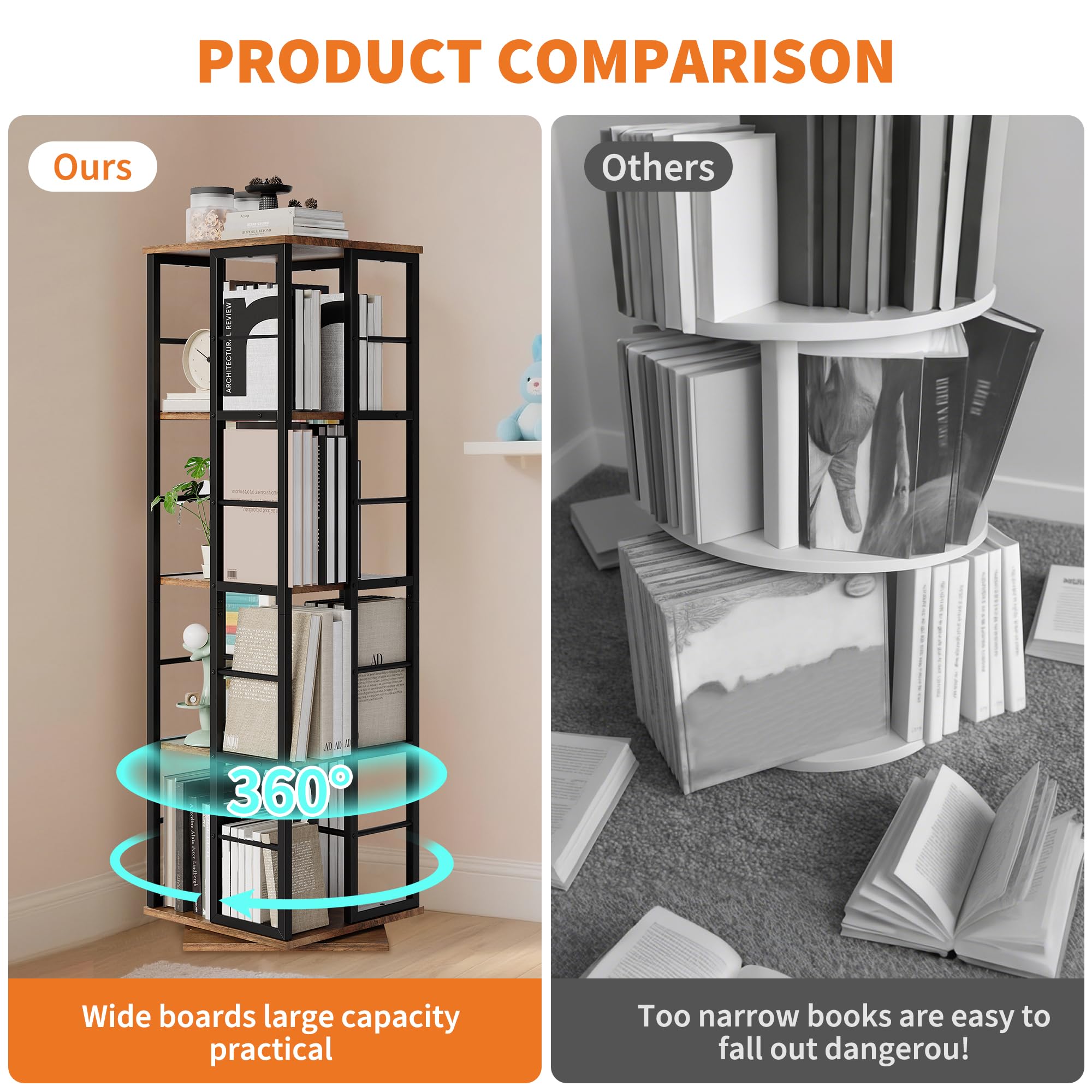 Garvee 4-Tier Rotating Bookshelf for Small Spaces, 360° Spinning Bookcase with Corner Design, Wood Revolving Storage Organizer & Display Shelf for Living Room, Bedroom, Home Office (Brown) - Image 7