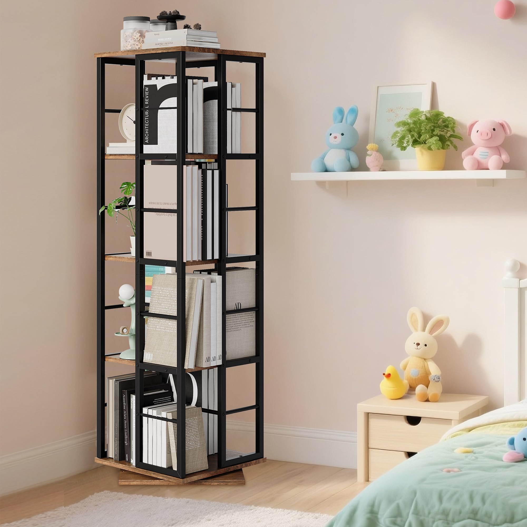 Garvee 4-Tier Rotating Bookshelf for Small Spaces, 360° Spinning Bookcase with Corner Design, Wood Revolving Storage Organizer & Display Shelf for Living Room, Bedroom, Home Office (Brown) - Image 8