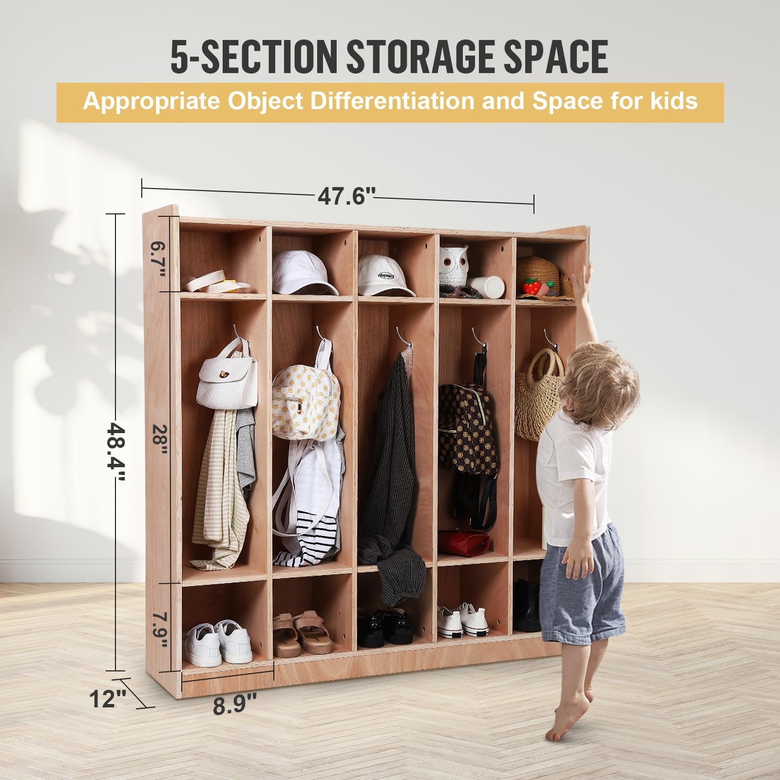 Garvee 5-Section Classroom Coat Locker, 10 Cubbies w/Anti-tip Kit for Classrooms, Daycare Cubby with 4 Casters, 5 Hooks & 2 Storage Boxes, for Home, School, Kindergarten - Image 3