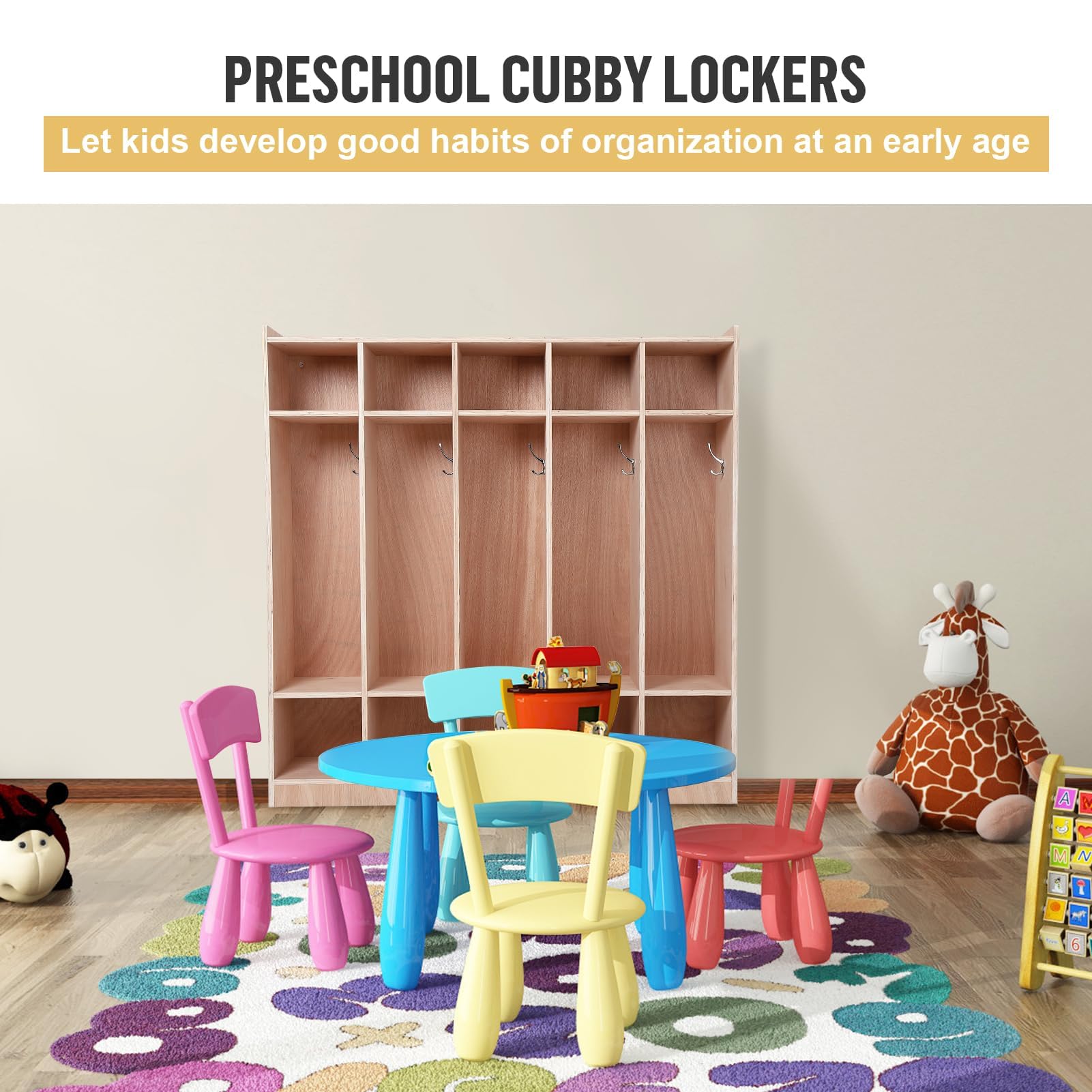 Garvee 5-Section Classroom Coat Locker, 10 Cubbies w/Anti-tip Kit for Classrooms, Daycare Cubby with 4 Casters, 5 Hooks & 2 Storage Boxes, for Home, School, Kindergarten - Image 5