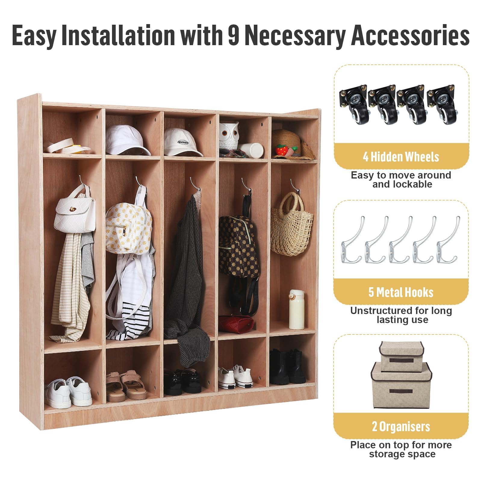 Garvee 5-Section Classroom Coat Locker, 10 Cubbies w/Anti-tip Kit for Classrooms, Daycare Cubby with 4 Casters, 5 Hooks & 2 Storage Boxes, for Home, School, Kindergarten - Image 7