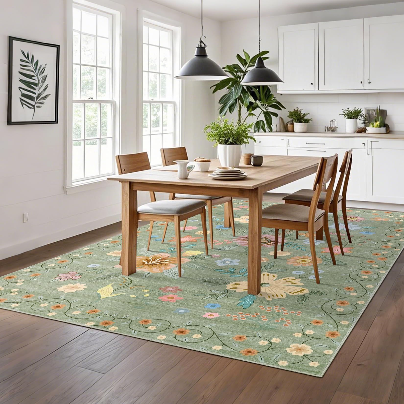 Garvee 5'x7' Washable Rug, Floral Vintage Area Rug for Bedroom, Foldable Non-Slip Small Rug for Dorm, Study Room, Nursery, Botanical Home Decor, Soft Underfoot, Sage Green - Image 5