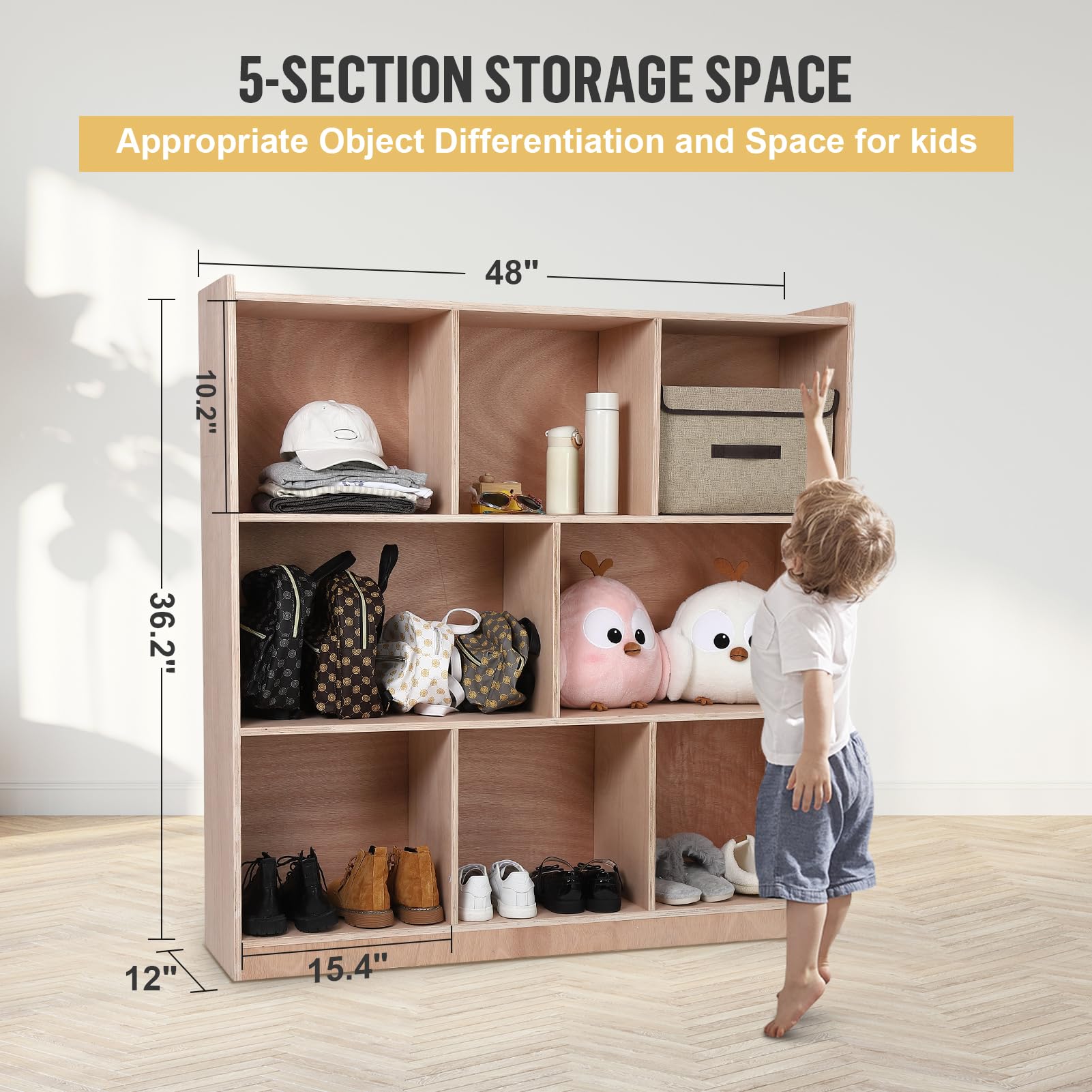 Garvee 9-Section Coat Locker with Bench, Classroom Furniture, Natural - Image 3