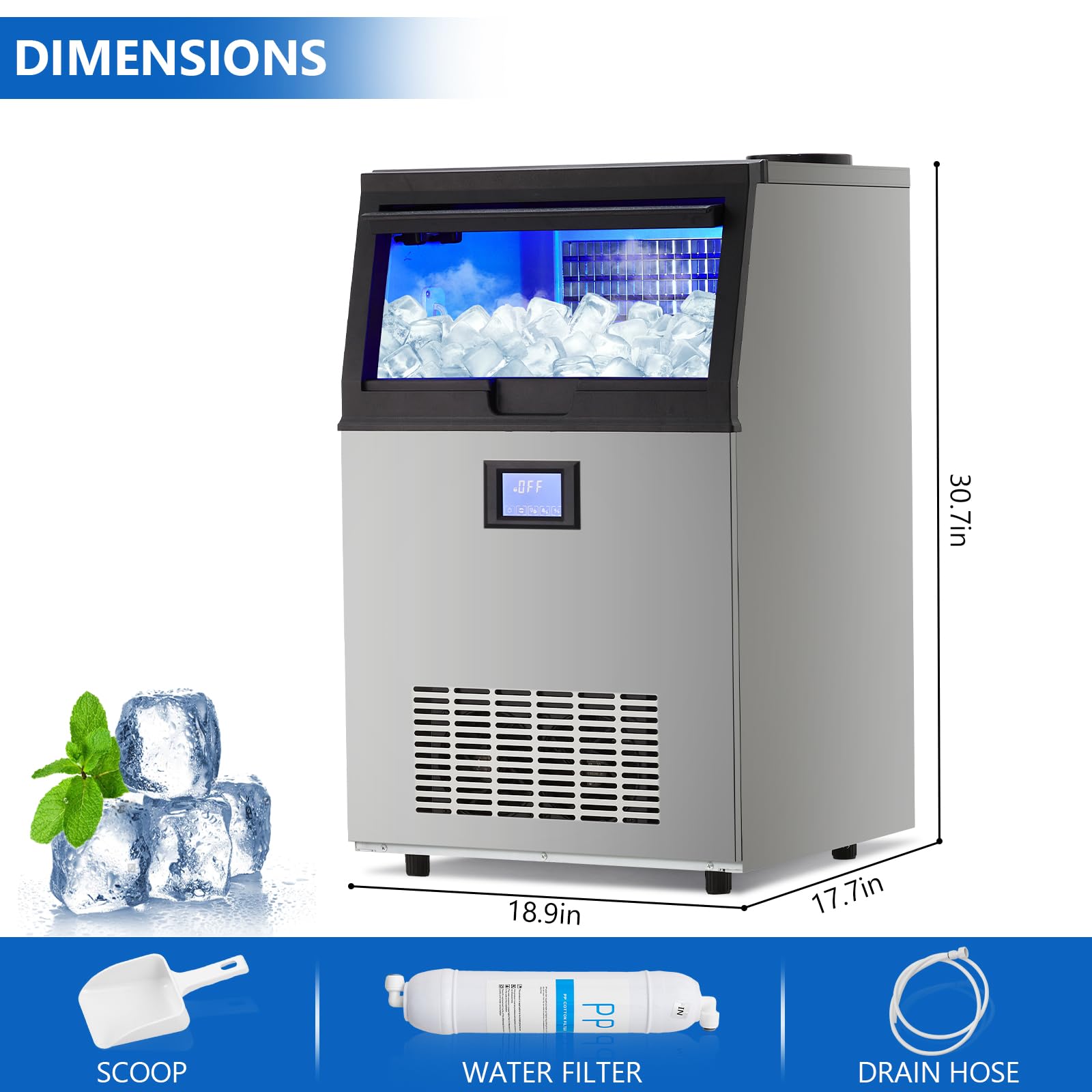 Garvee Commercial Ice Machine, 100 LBS/24h Ice Maker with 2 Water Inlet Modes, 50Pcs/Cycle, 33 LBS Storage Bin, Ice Machine for Home Bar, Coffee Shop, Business - Image 7