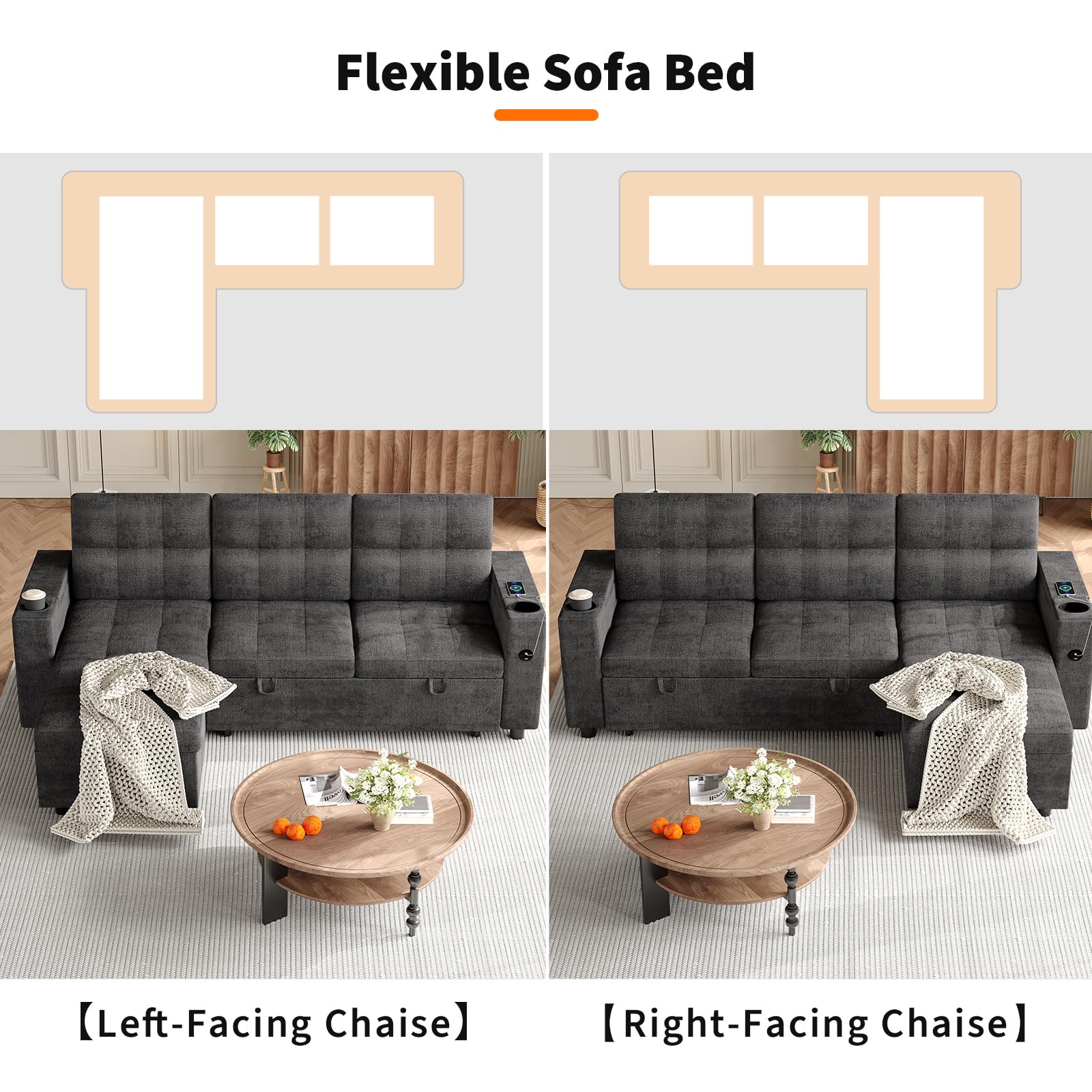 Garvee Couches for Living Room, 84'' Sofa Bed,l-Shaped Sectional Sleeper Sofa with Pull Out Bed,Reversible Storage Chaises, Hidden Storage Armrests,Cup Holders & USB Charging Ports - Image 3