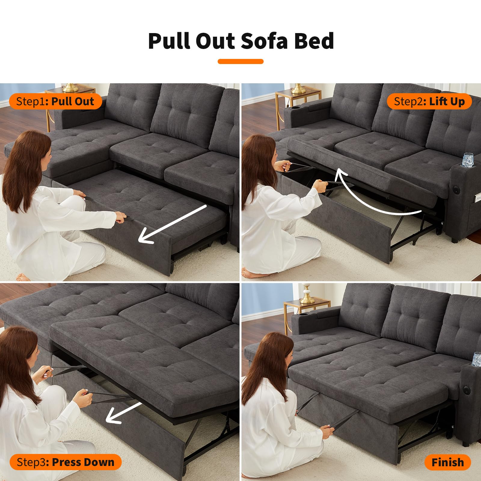 Garvee Couches for Living Room, 84'' Sofa Bed,l-Shaped Sectional Sleeper Sofa with Pull Out Bed,Reversible Storage Chaises, Hidden Storage Armrests,Cup Holders & USB Charging Ports - Image 4