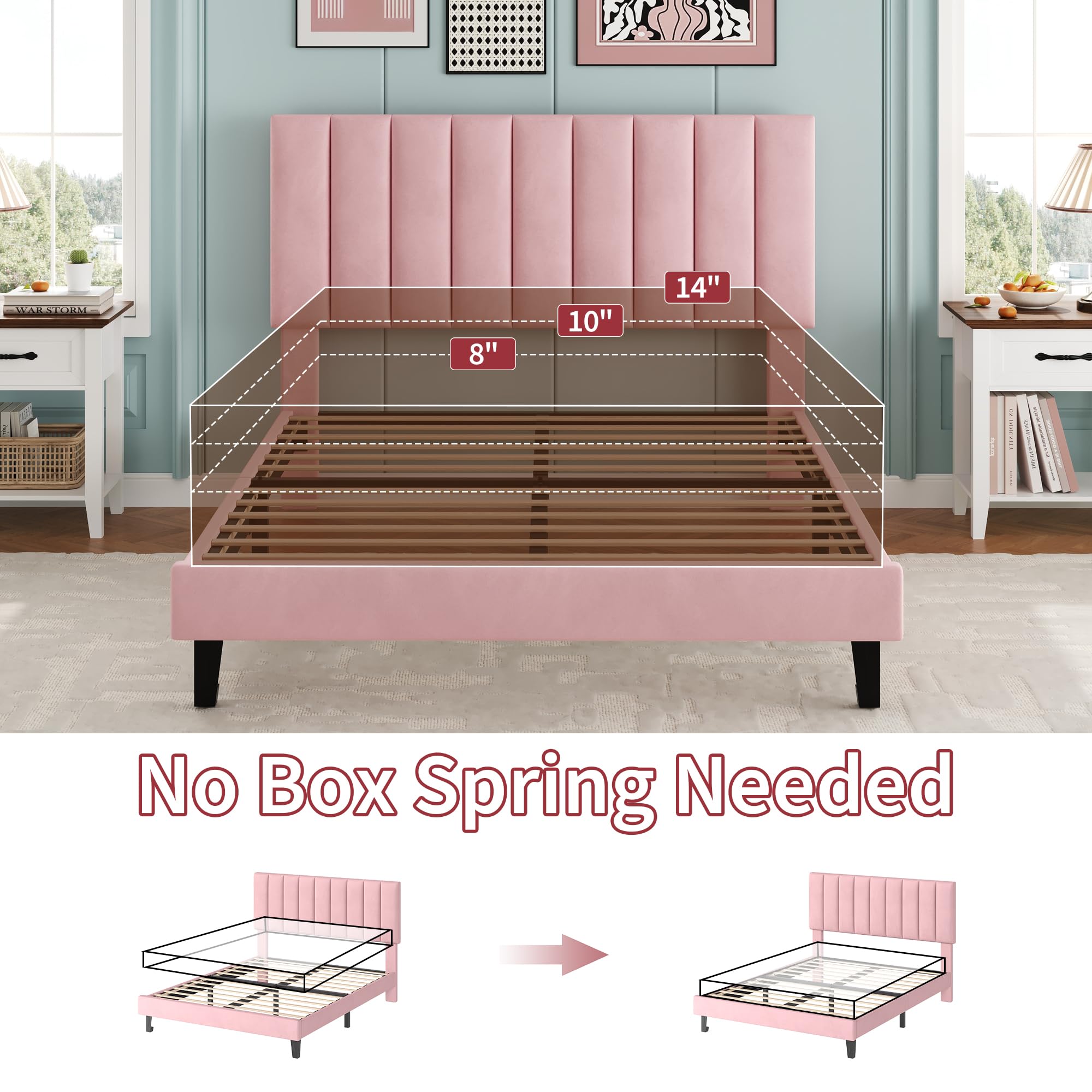 Garvee Full Size Bed Frame, Velvet Upholstered Platform Bed with Adjustable Tufted Headboard, No Box Spring Needed, Easy Assembly, Pink - Image 6