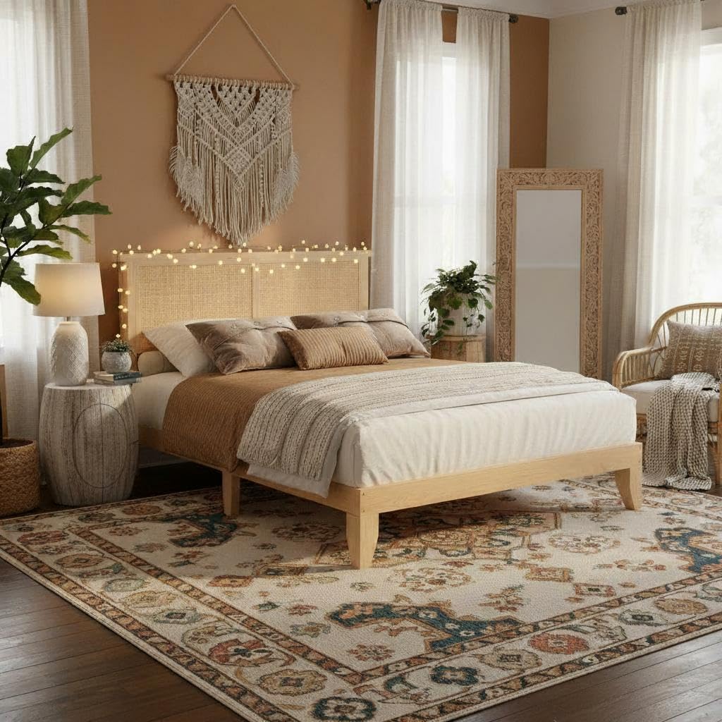 Garvee King Size Rattan Bed Frame, Bohemian Rattan Bed Frame King with Natural Headboard, Platform King Size Bed with Wooden Legs, LED Lights, No Box Spring Needed, Easy Assembly - Image 4