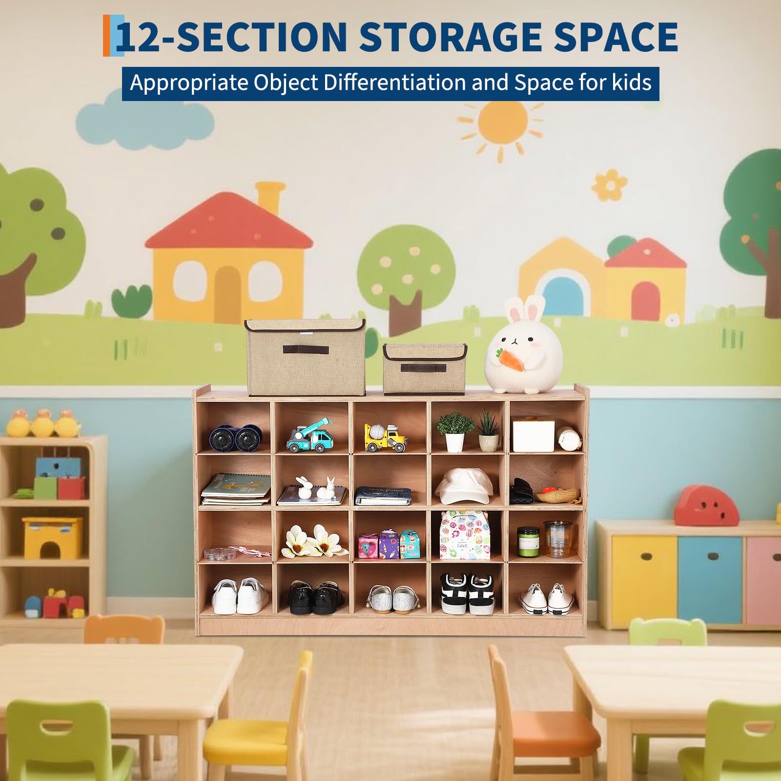 Garvee Mobile Storage Cabinet,Storage Block Cubby with 5 Anti-Flip Fittings, 4 Castors and 2 Boxes for Home, School, Kindergarten, Natural - Image 7