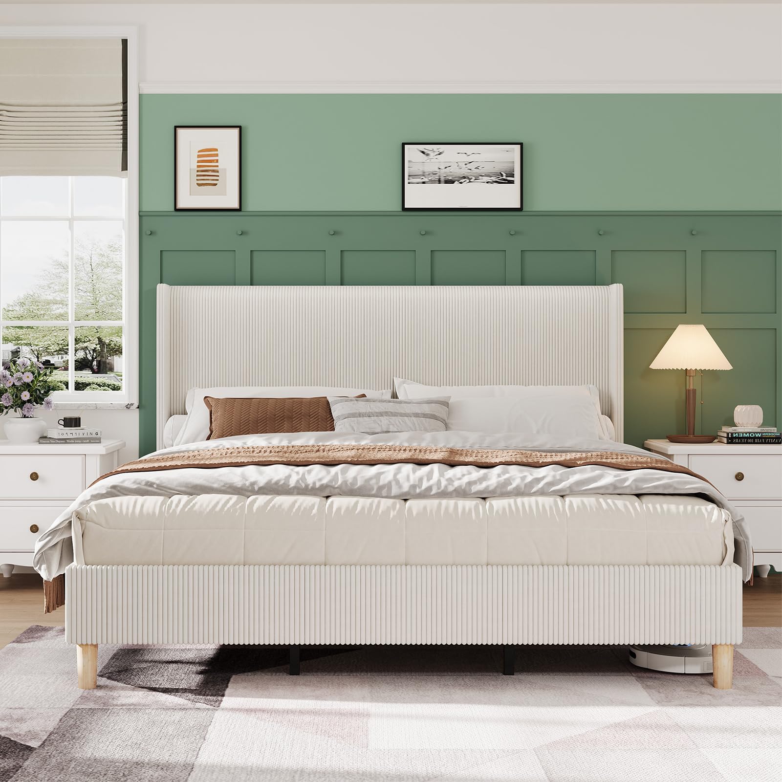 Garvee Queen Size Bed Frame, Corduroy Upholstered Queen Bed Frame with Wingback Headboard, No Box Spring Needed, Sturdy Wooden Slats, Noise Free, Yellow Cream - Image 3