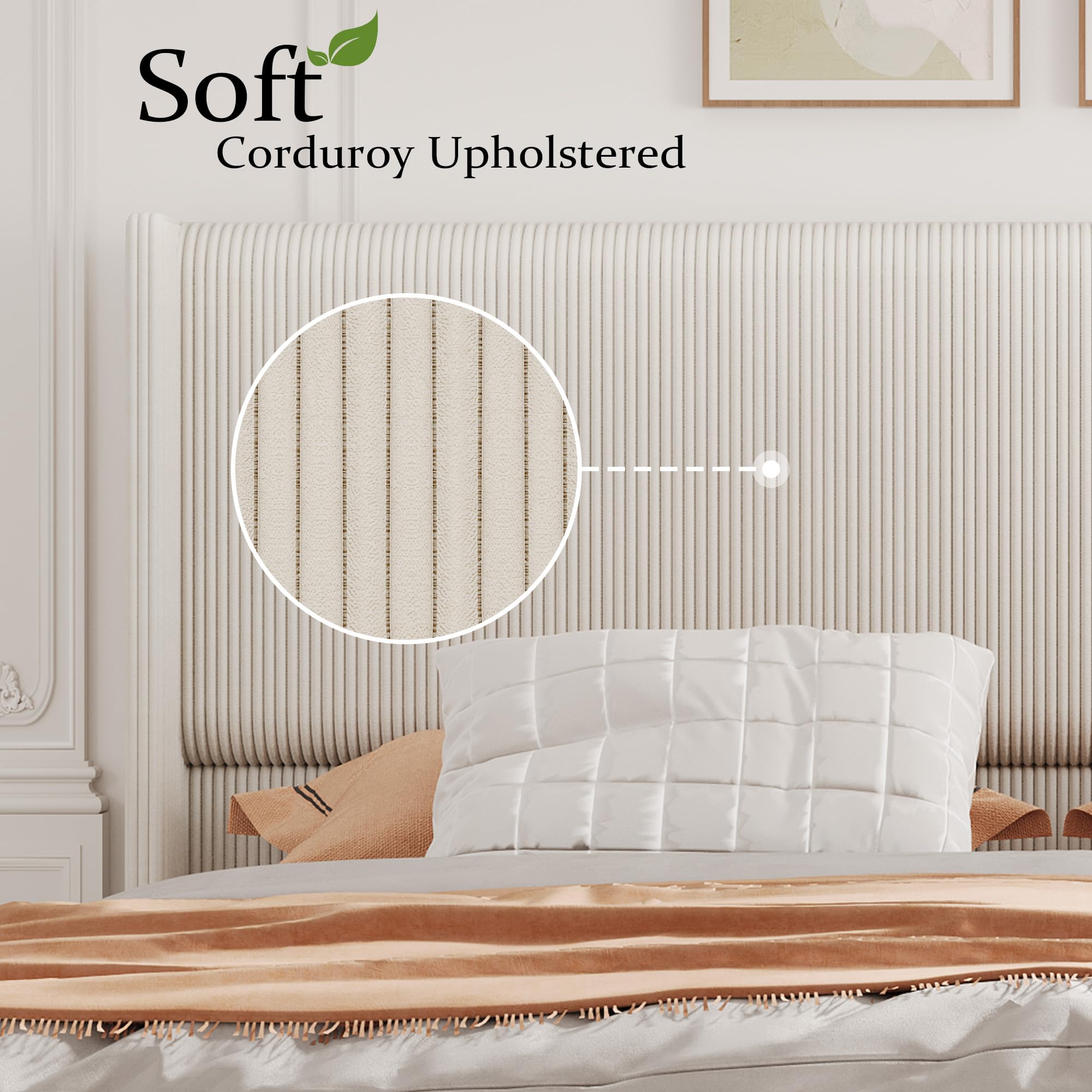 Garvee Queen Size Bed Frame, Corduroy Upholstered Queen Bed Frame with Wingback Headboard, No Box Spring Needed, Sturdy Wooden Slats, Noise Free, Yellow Cream - Image 6