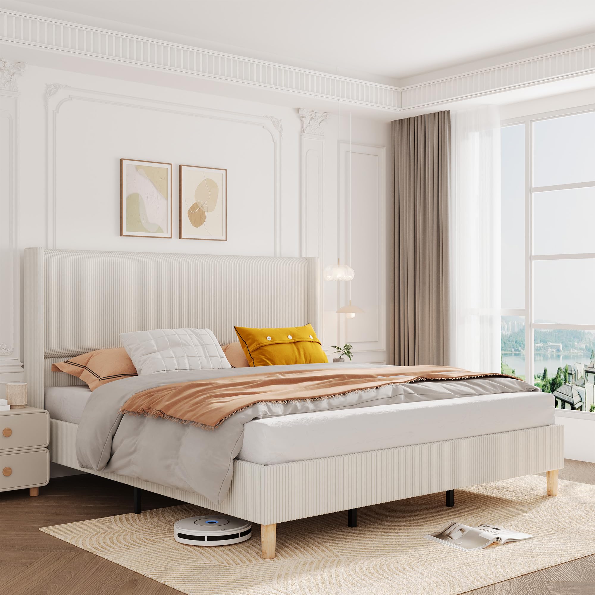 Garvee Queen Size Bed Frame, Corduroy Upholstered Queen Bed Frame with Wingback Headboard, No Box Spring Needed, Sturdy Wooden Slats, Noise Free, Yellow Cream - Image 8