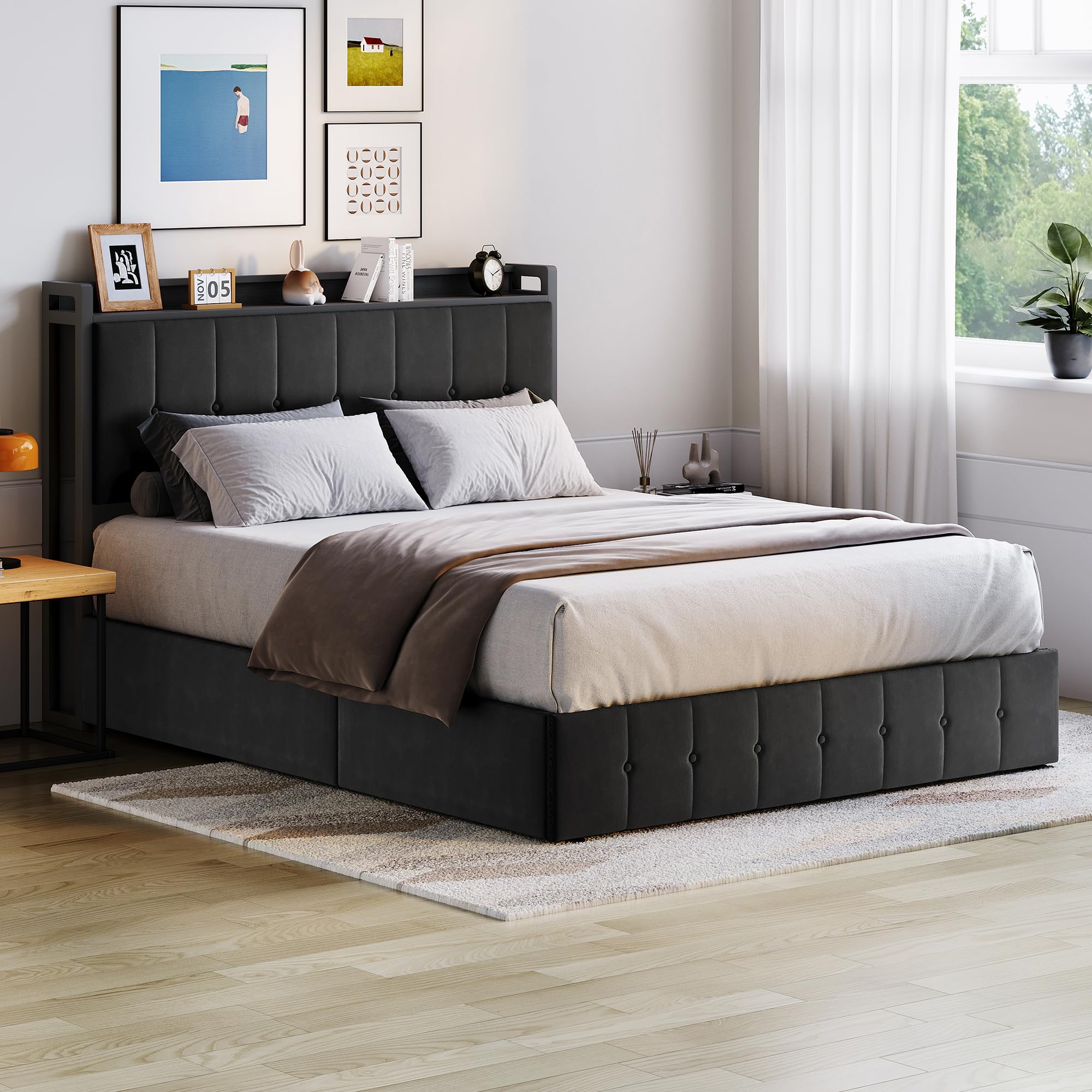 Garvee Queen Size Lift Up Storage Bed, Upholstered Velvet Bed Frame with Storage Headboard, Metal Platform Bed, No Box Spring Needed, Solid Wooden Slats, Noise Free, Black - Image 3