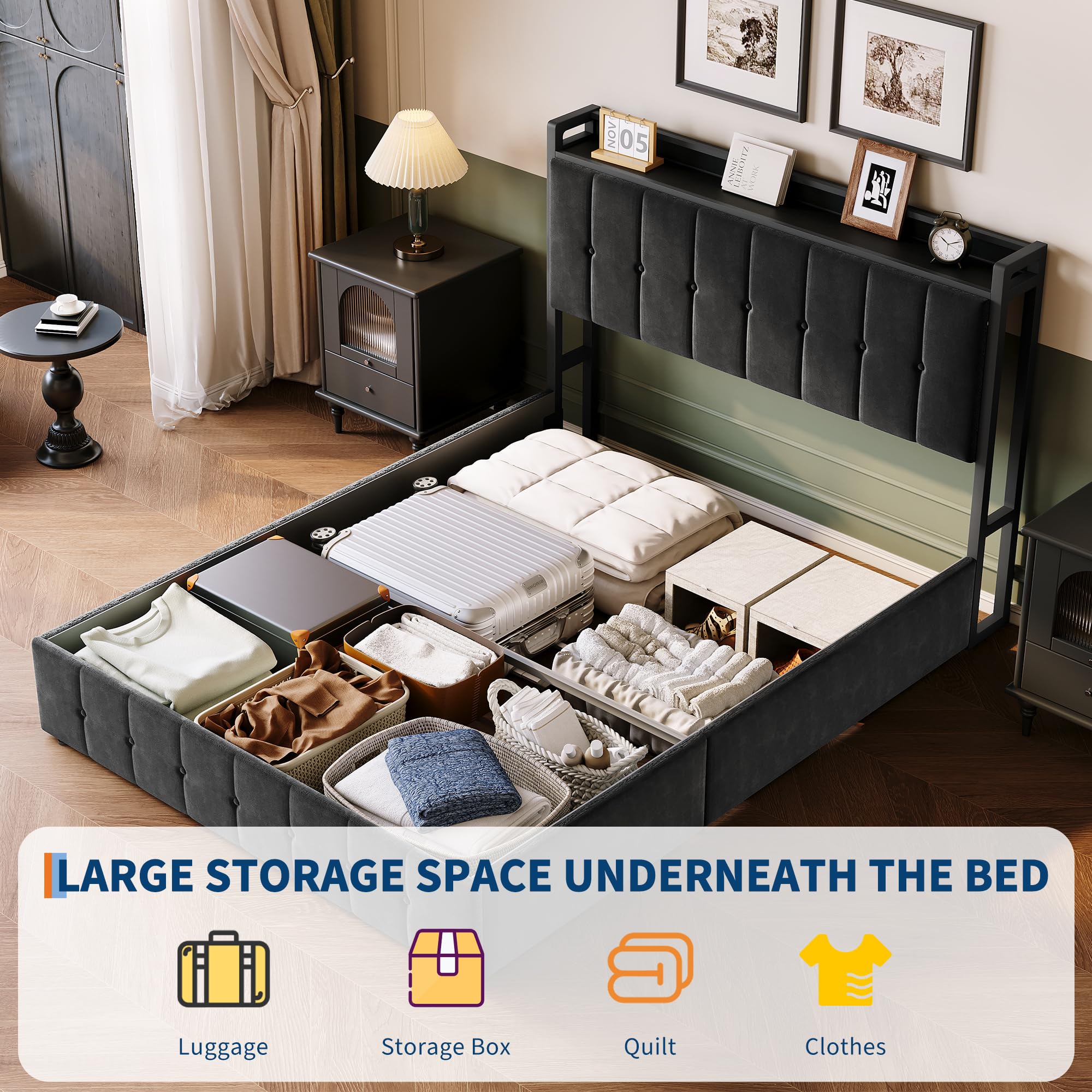 Garvee Queen Size Lift Up Storage Bed, Upholstered Velvet Bed Frame with Storage Headboard, Metal Platform Bed, No Box Spring Needed, Solid Wooden Slats, Noise Free, Black - Image 5