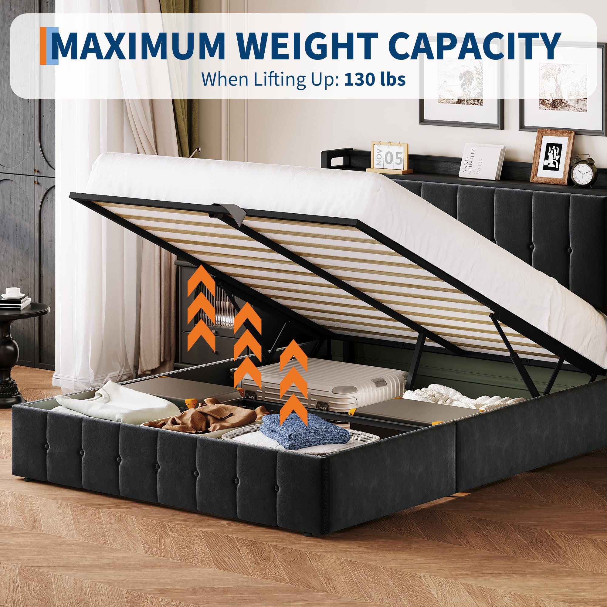 Garvee Queen Size Lift Up Storage Bed, Upholstered Velvet Bed Frame with Storage Headboard, Metal Platform Bed, No Box Spring Needed, Solid Wooden Slats, Noise Free, Black - Image 8