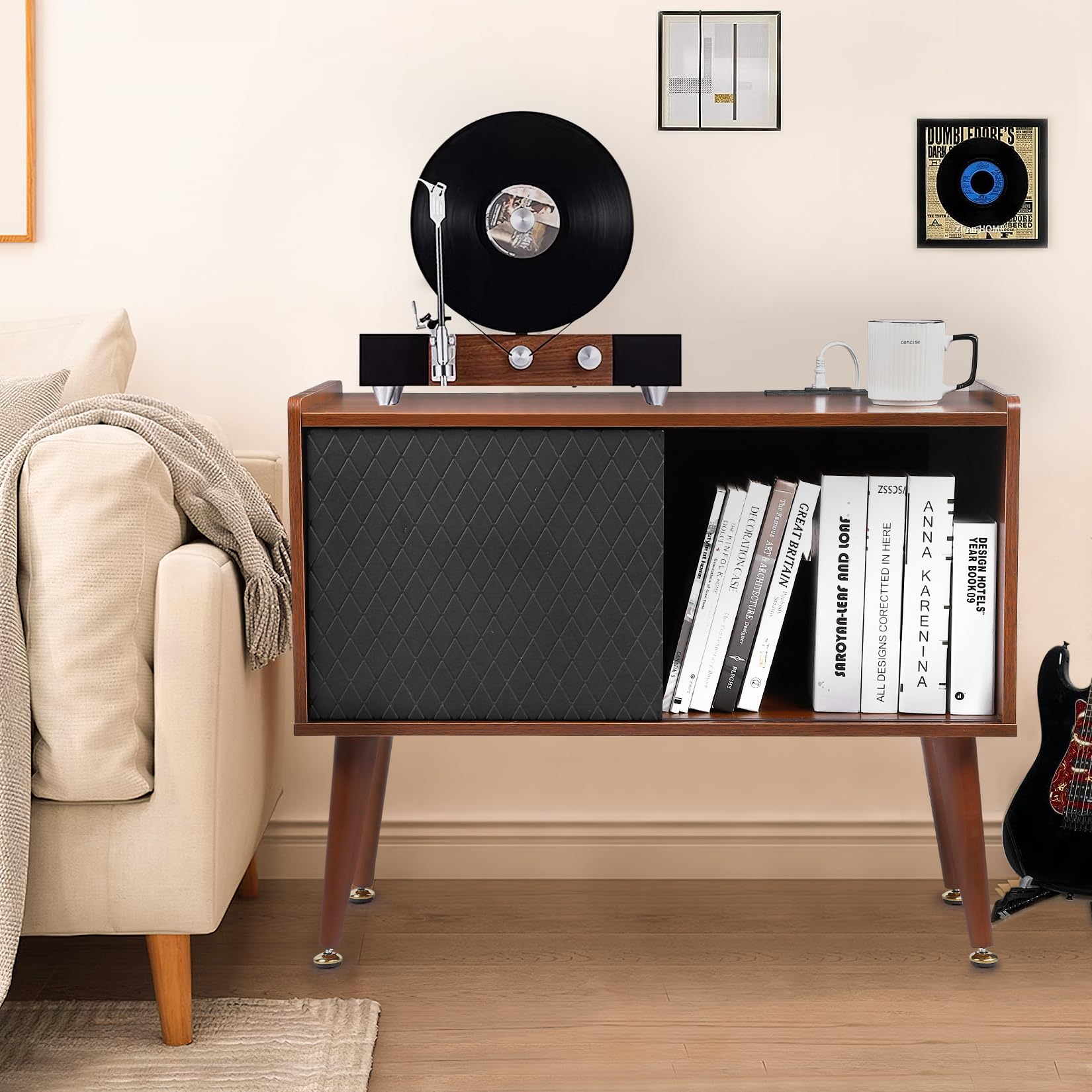 Garvee Record Player Stand with Charging Station and USB Ports, Large Storage Space Holds Up to 300 Albums, Vinyl Record Storage Cabinet, Turntable Stand, Record Player Table End Table,Brown - Image 4
