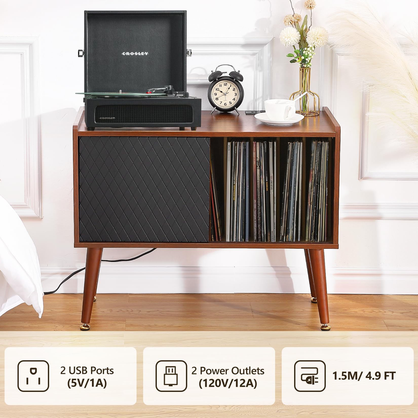 Garvee Record Player Stand with Charging Station and USB Ports, Large Storage Space Holds Up to 300 Albums, Vinyl Record Storage Cabinet, Turntable Stand, Record Player Table End Table,Brown - Image 5