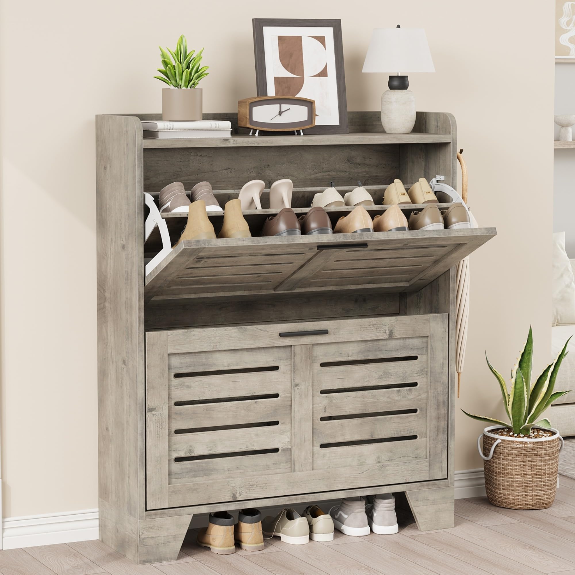 Garvee Shoe Storage Cabinet with 2 Flip Drawers, Freestanding Shoe Organizer Storage for Entryway with 2 Side Hooks, Farmhouse Hidden Slim Narrow Shoe Rack Cabinet, Gray - Image 9