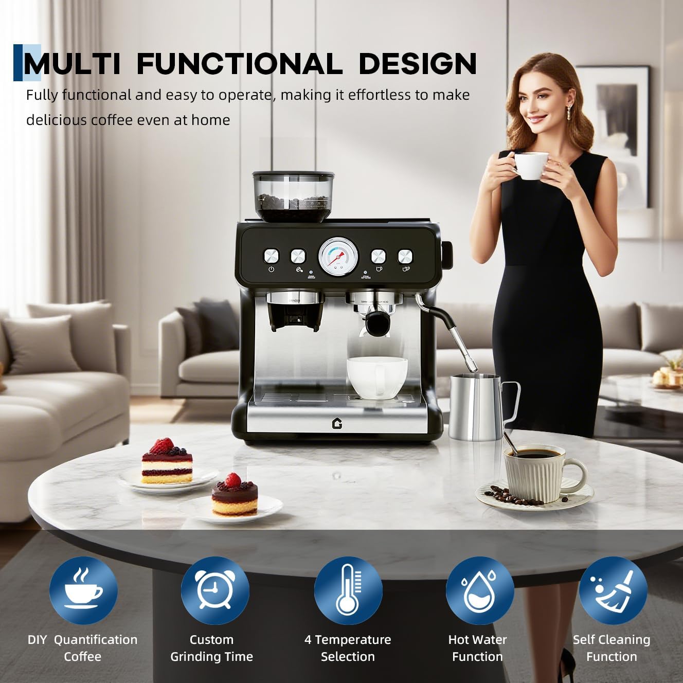 Garvee Stainless Steel Espresso Machine with Grinder & 20 Bar Pressure, 2.8L Removable Water Tank, Milk Frother Steam Wand for Latte/Cappuccino - Adjustable Shot Volume, Professional Home/Office Use - Image 7