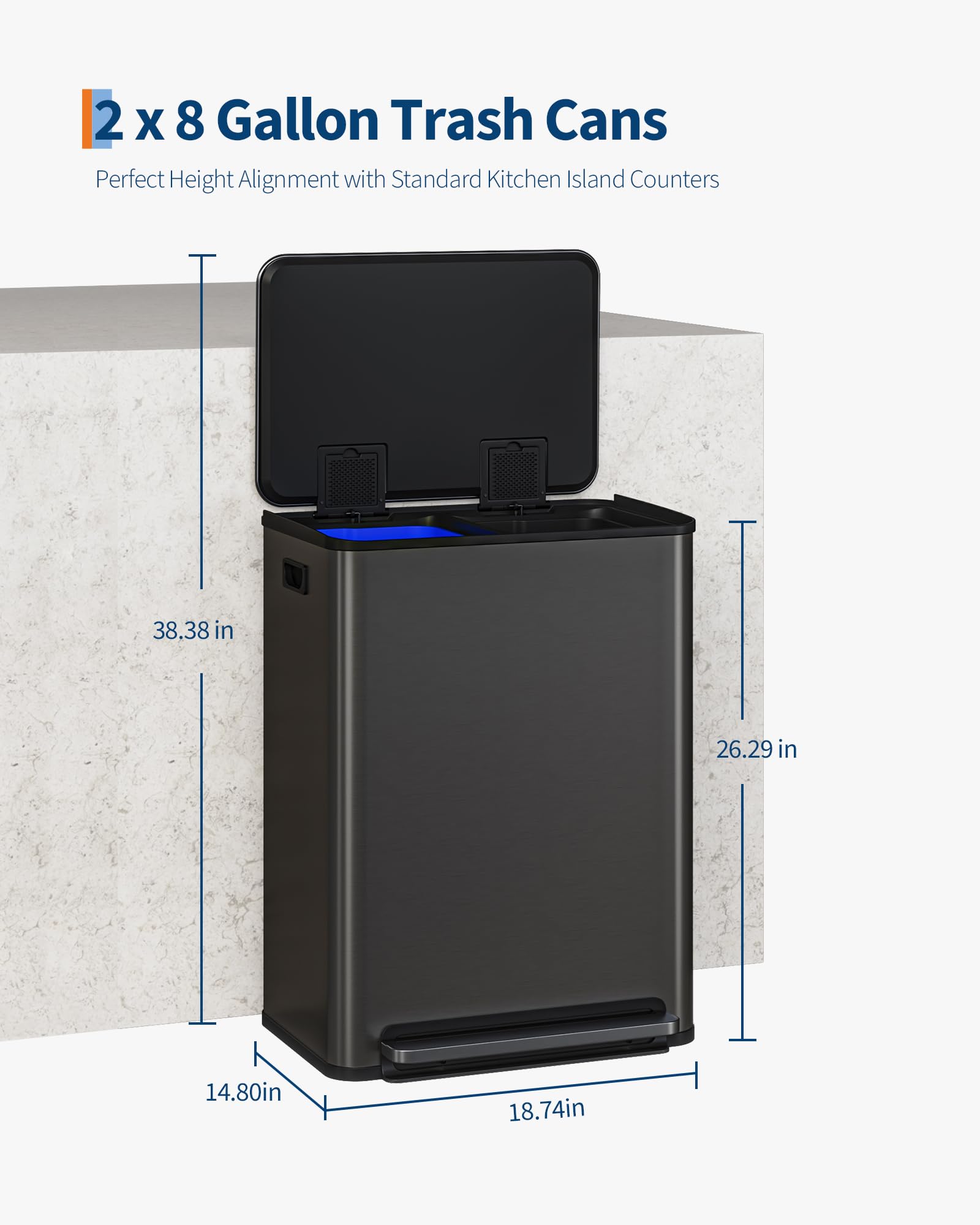 Garvee Stainless Steel Garbage Can, 2 x 8 gal Dual Compartment Trash Can with 2 Inner Buckets and Soft Close Lid, Foot Pedal Garbage Bin for Bathroom, Living Room, Kitchen, Black - Image 6
