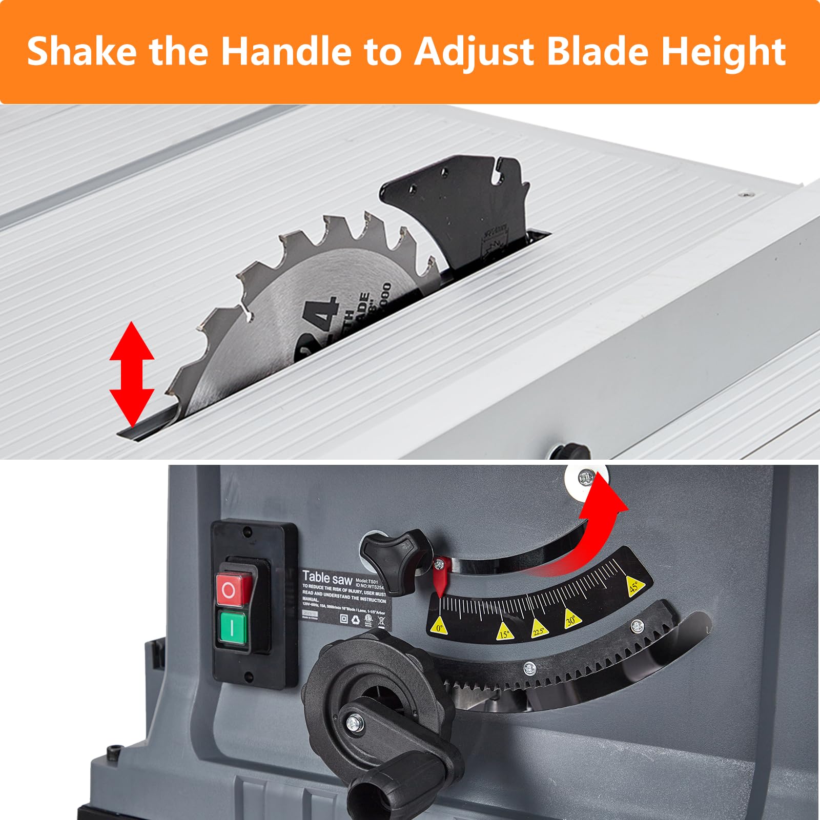 Garvee Table Saw, 10 in 15A Multifunctional Saw with Stand & Push Stick, 90° Cross Cut & 0-45° Bevel Cut, 5000RPM, Adjustable Blade Height, Ideal for Woodworking - Image 5
