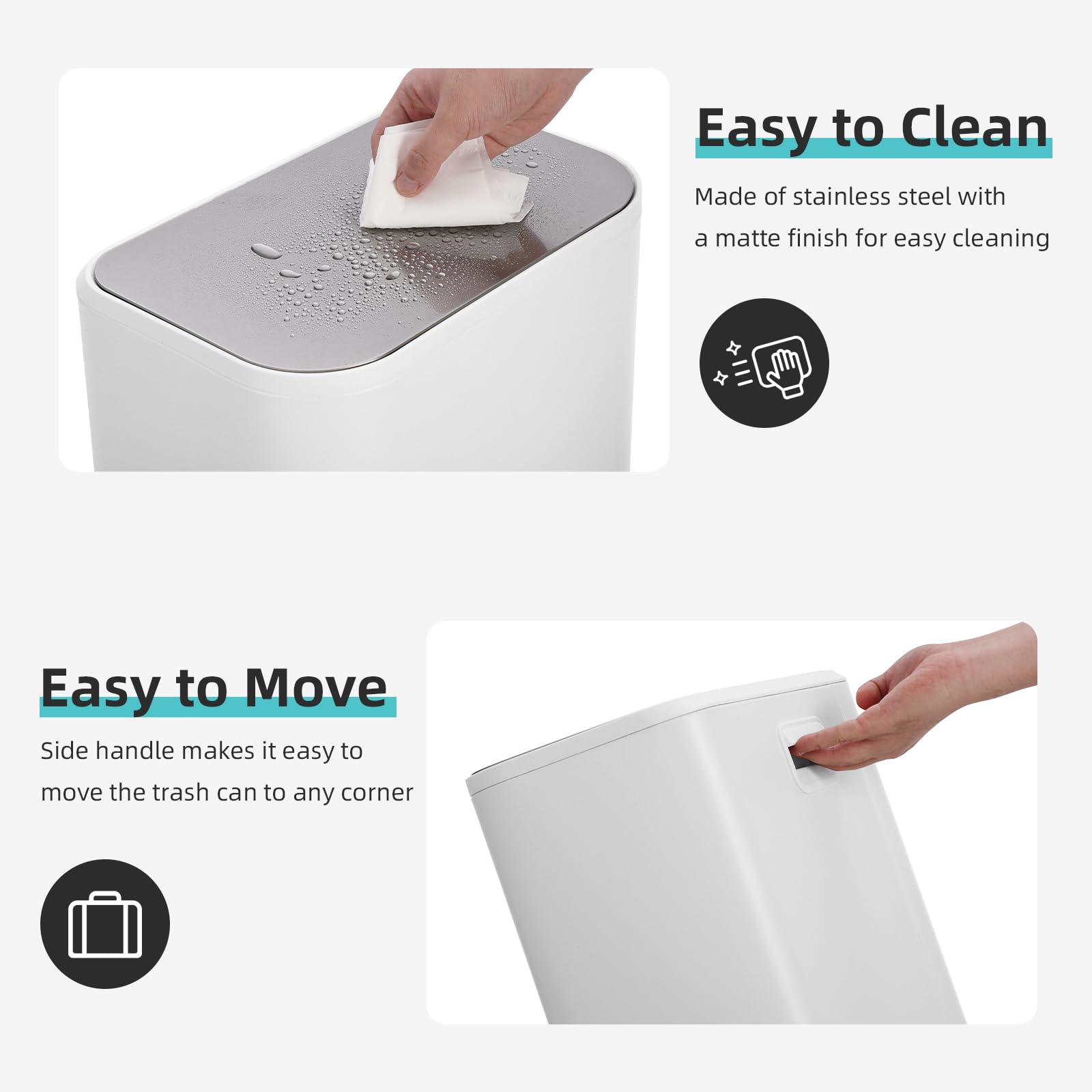 Garvee Trash Can with Lid, 8 gal Step Open Garbage Can, Stainless Steel Waste Bin with Removable Inner Bucket, Rectangular, for Kitchen Bathroom, Office, Living Room (30 L, White) - Image 3