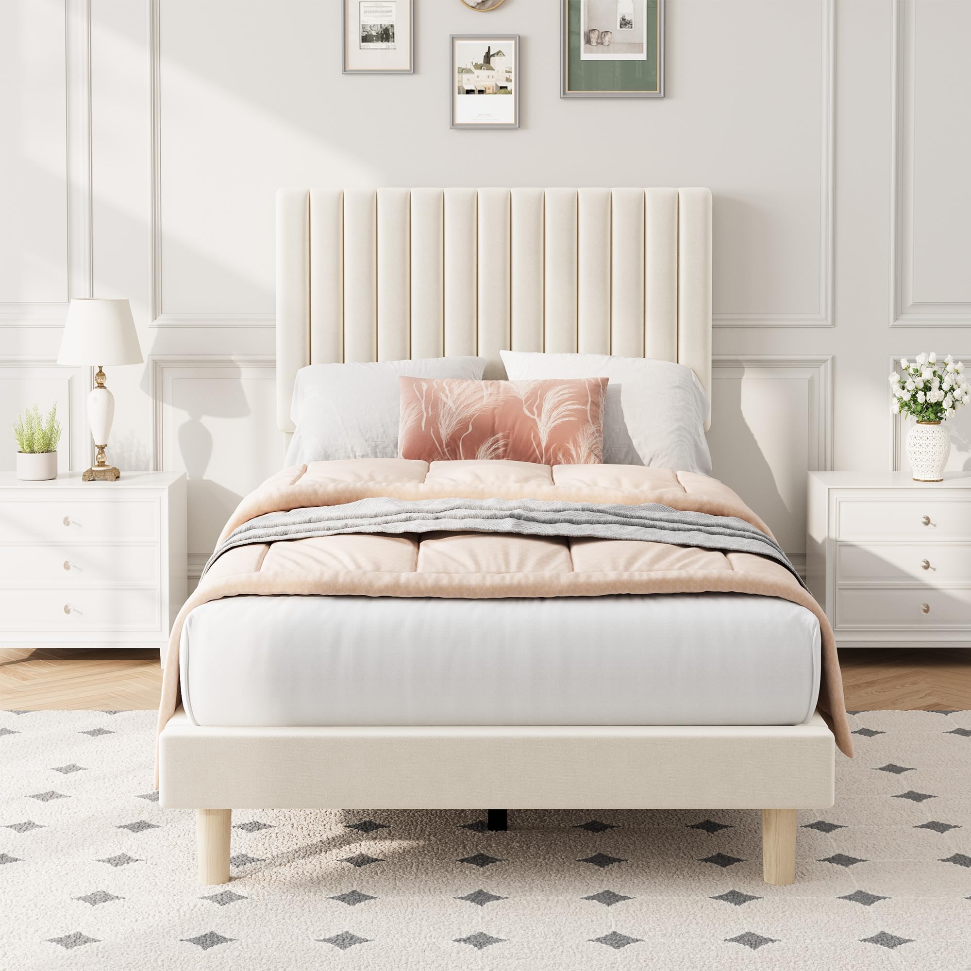 Garvee Twin Size Velvet Bed Frame, Vertical Channel Tufted Headboard, Height Adjustable, Upholstered Platform Bed, No Box Spring Needed, Beige - Image 6