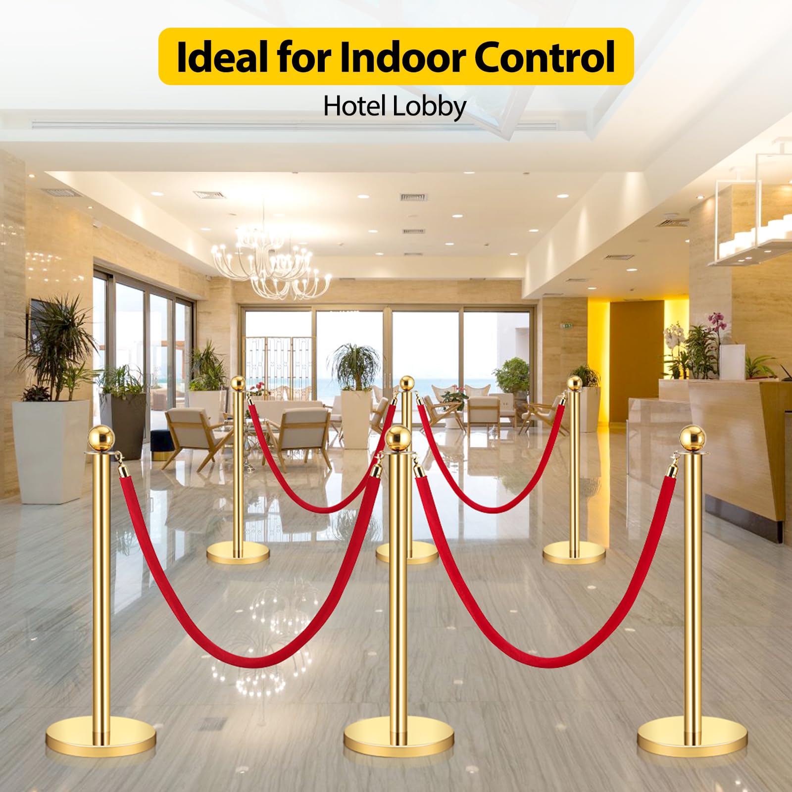 GARVEE Velvet Ropes and Posts, Crowd Control Barriers, 4 Red Velvet Rope 5 ft, 6 Pcs 38 in Gold Stanchion Post with Ball Top for Red Carpet, Theaters, Parties, Wedding, Exhibition - Image 7