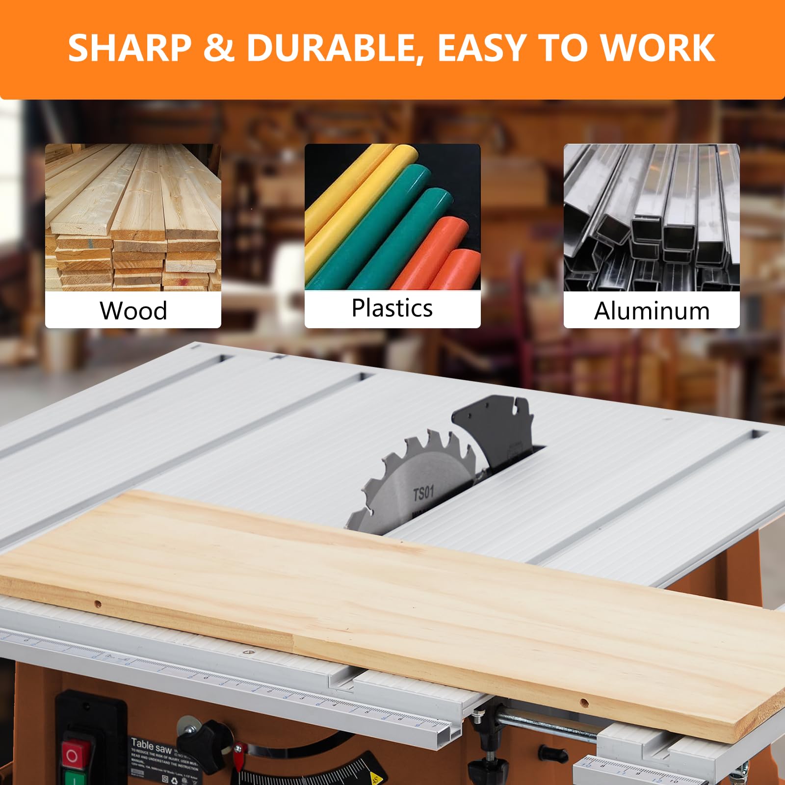 Table Saw, 10 in 15A Multifunctional Saw with Stand & Push Stick for Jobside, 90° Cross Cut & 0-45° Bevel Cut, Cutting Speed Up to 5000RPM, Adjustable Blade Height, Ideal for Woodworking, Orange - Image 5